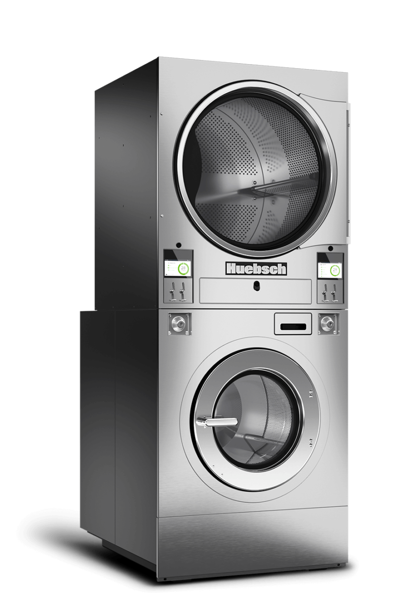 angled view of stacked washer and dryer with touch controls