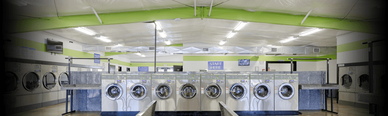 wide angle view of laundromat interior